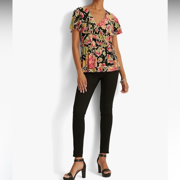 Lauren Ralph Lauren Black Label Floral Ruffle-Trim Top Black Multi - Picture 3 of 7